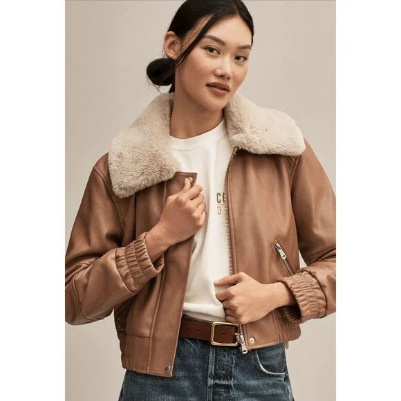 Anthropologie Avec Les Filles Aviator Jacket Brown Faux Leather Western Sz XL NW